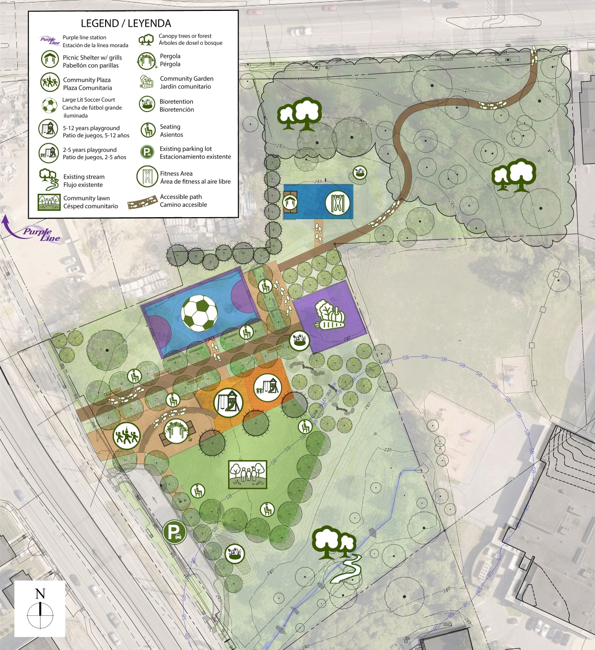 Map of concept 2 “Soccer court” showing the locations of the proposed amenities, such as a large soccer court with lighting, and open lawn area, a community plaza, a shaded Pergola with seating, a community garden, two playgrounds designed for different age groups, a shaded promenade (a paved, tree-lined walkway), a picnic shelter with grills, and outdoor fitness area.