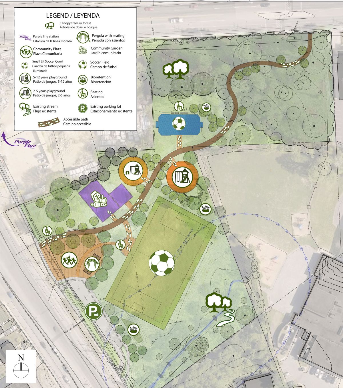 Map of concept 1 “Soccer field” showing the locations of the proposed amenities, such as a refreshed natural grass soccer field, a community plaza, a shaded Pergola with seating, a community garden, two playgrounds designed for different age groups, separated by a walkway, a small soccer court with lighting, and a walking path from University Boulevard to Piney Branch Road.