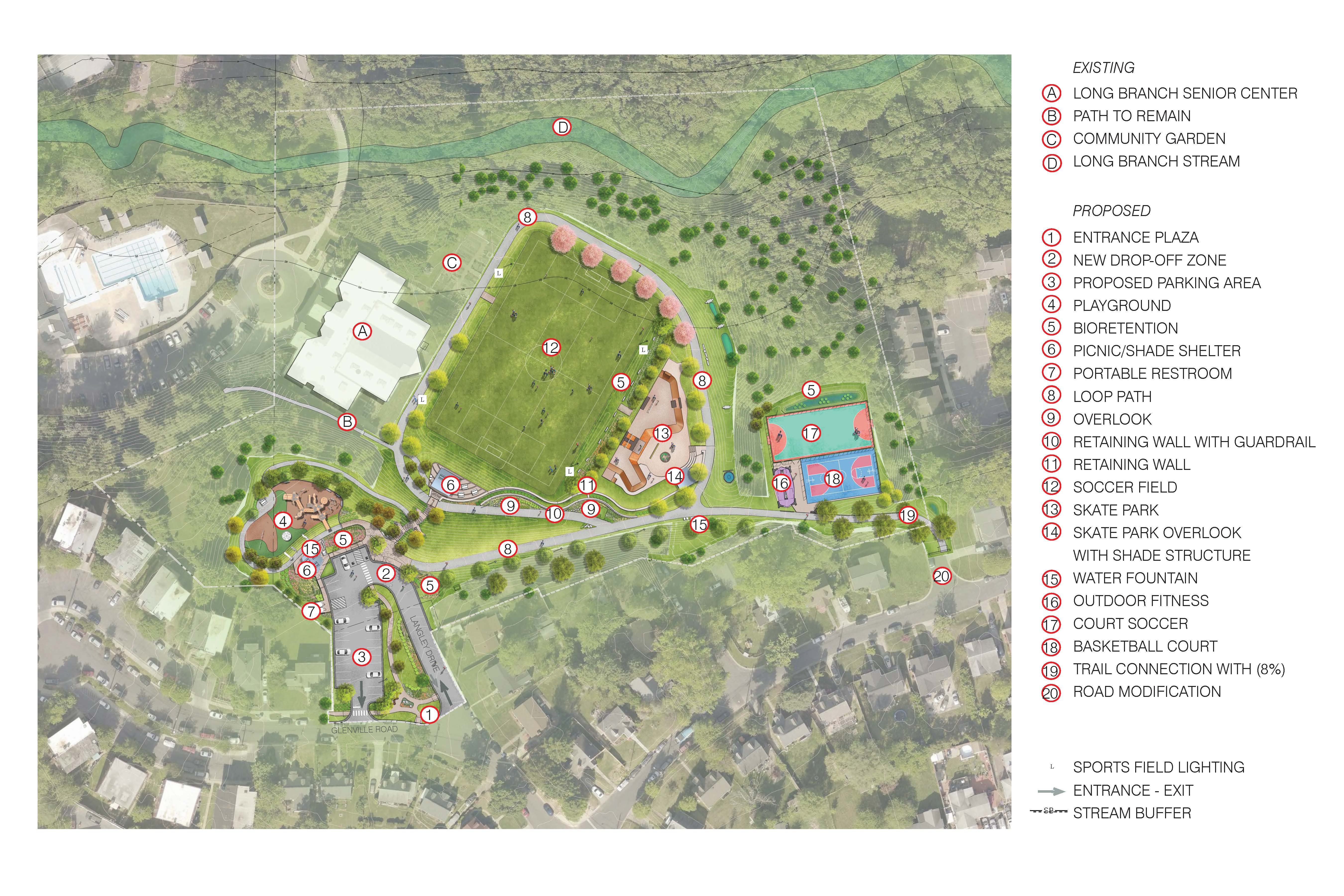 Aerial concept plan of the existing features and the new amenities proposed for Long Branch Local Park. Features include a new, larger parking lot labelled 3, a playground labelled as 4, a lit turf soccer field labelled 12, a lit skate park labelled as 13, and multi-sport courts labelled as 17 and 18. 