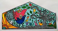 Flattened image of mural proposal with whimsical birds, houses, and a tree