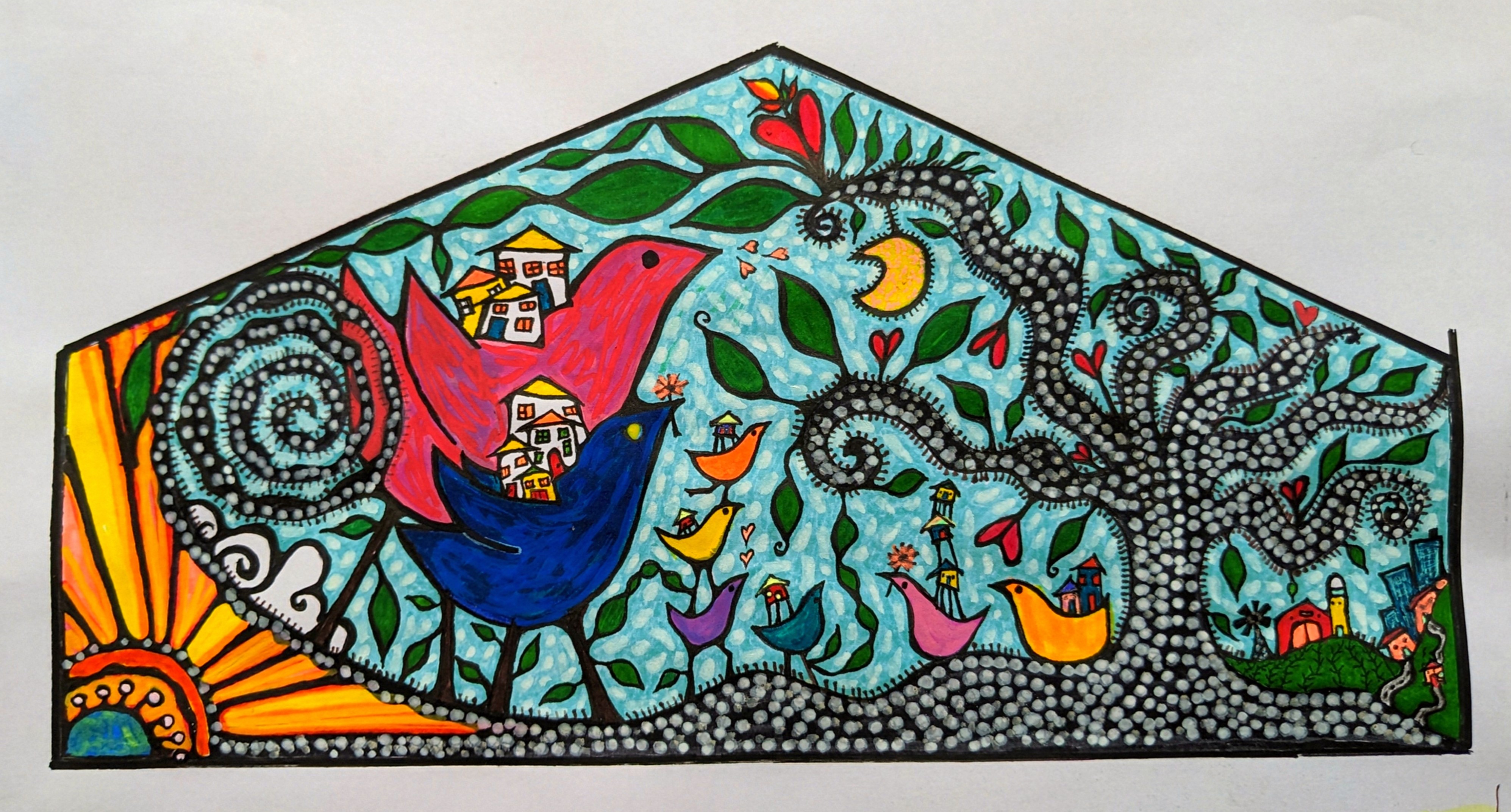 Mural design concept titled Paisaje Mágico/ Magical Landscape. The Image is a rendering of the front-facing wall with whimsical birds, houses, flowers, and trees