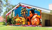 Rendering of mural proposal with people, pottery, corn, and coconuts.