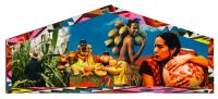 Flattened image of mural proposal with people, pottery, corn, and coconuts.